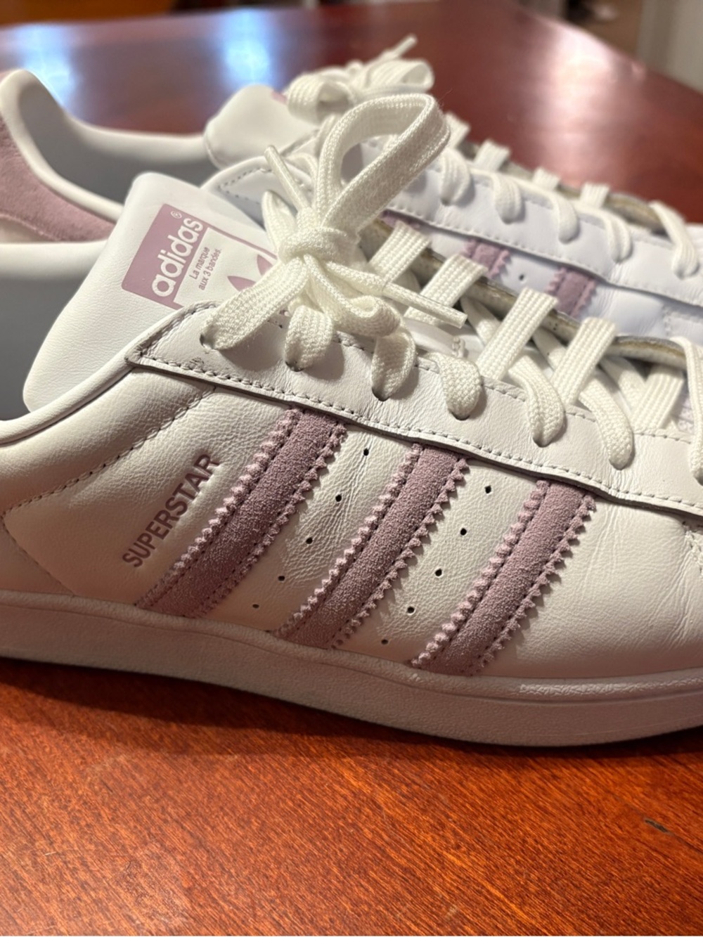adidas Superstar Women’s White Sneakers with Light Purple Stripes